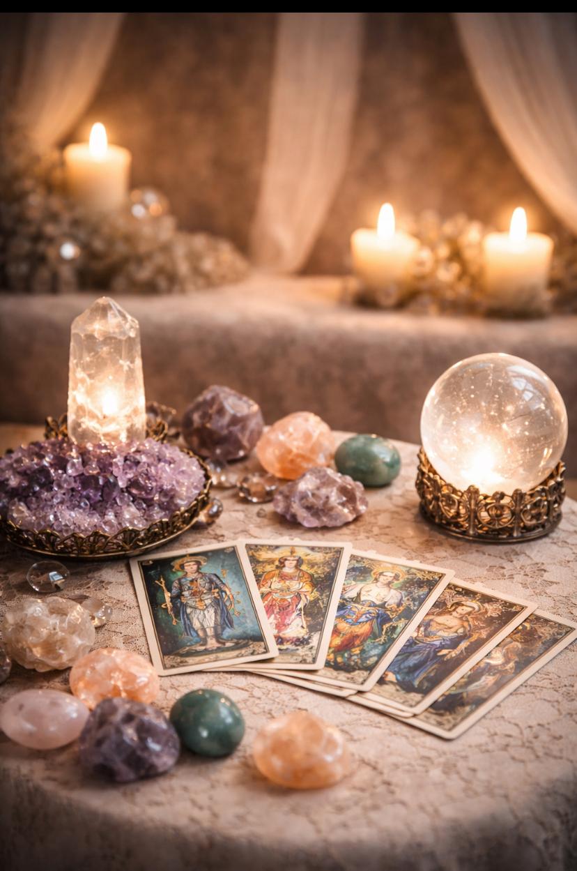 Sacred tarot and crystal reading setup with candles and crystal ball